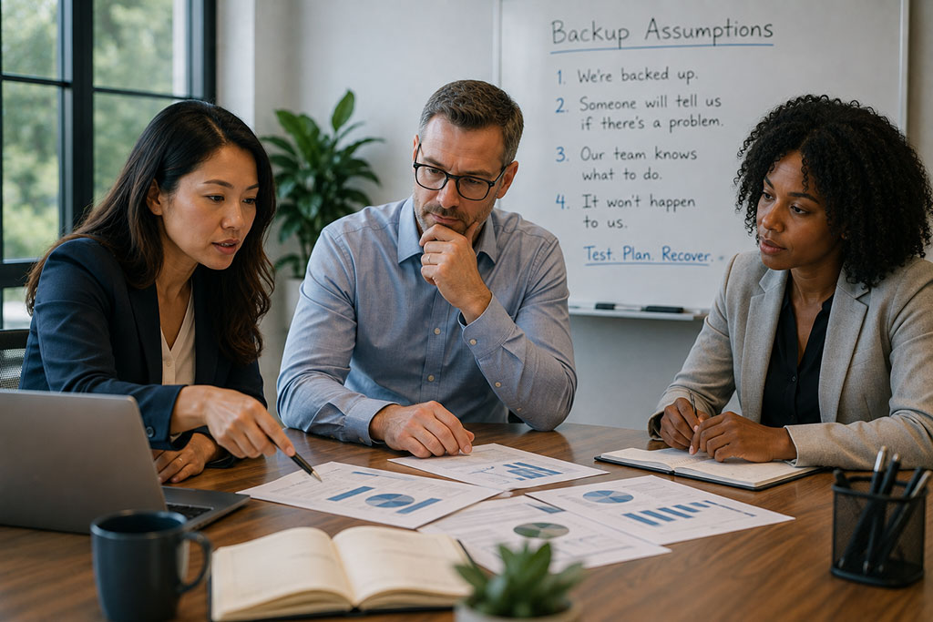 Business professionals reviewing backup recovery plans and business continuity reports during a collaborative planning meeting.