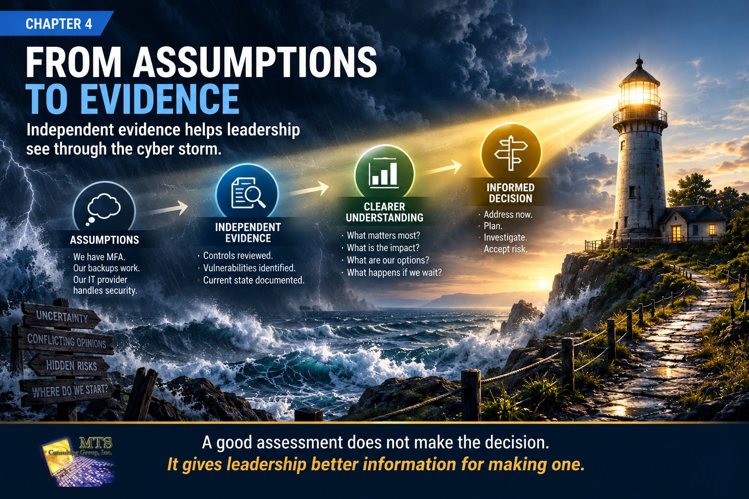 Stormy seascape with a lighthouse beam illustrating the path from assumptions to informed decisions