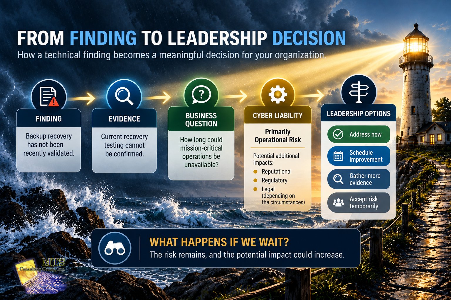 Diagram tracing a backup recovery finding through evidence and business questions to leadership options