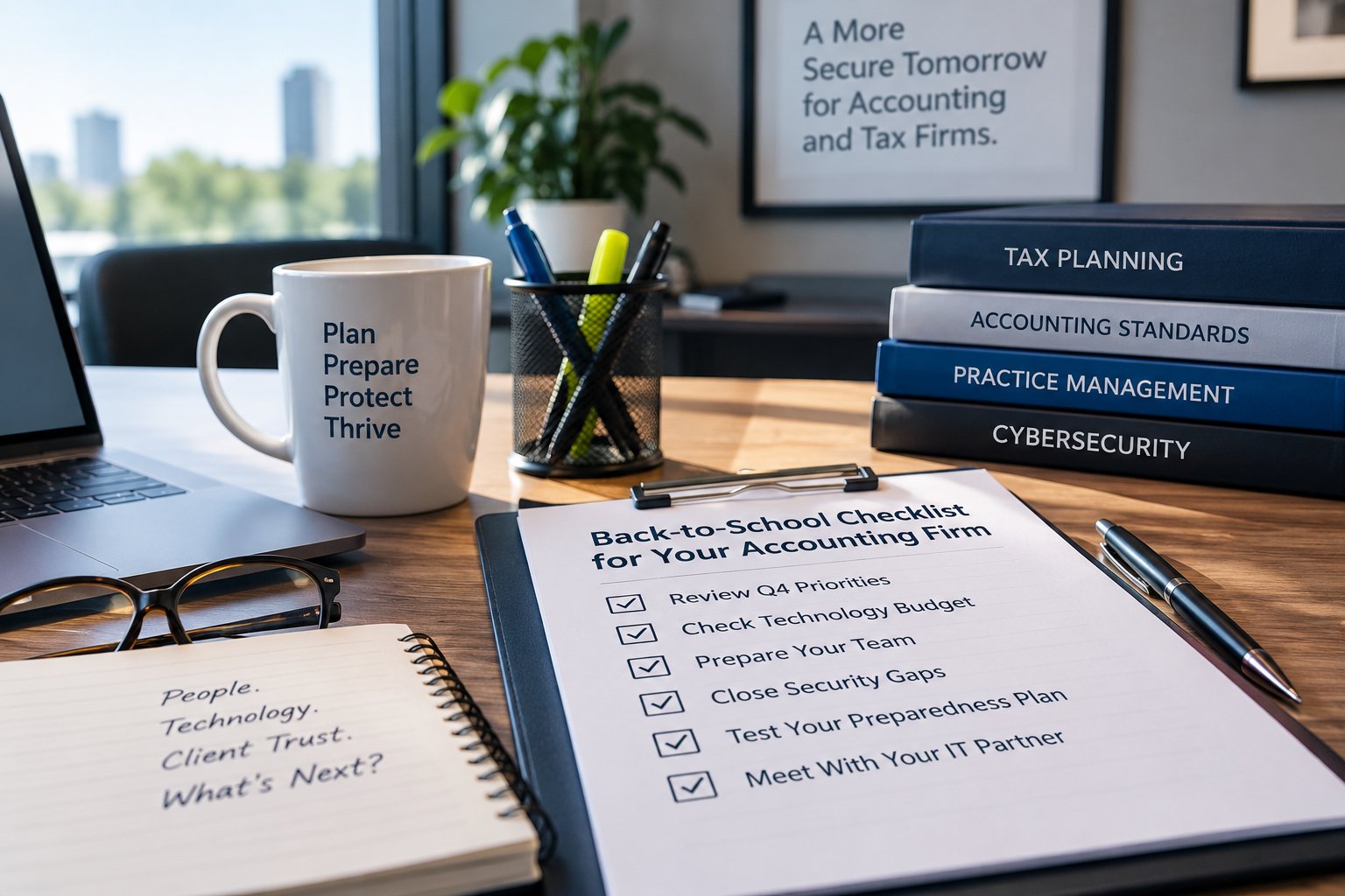 Back-to-school cybersecurity checklist for accounting firms on a desk