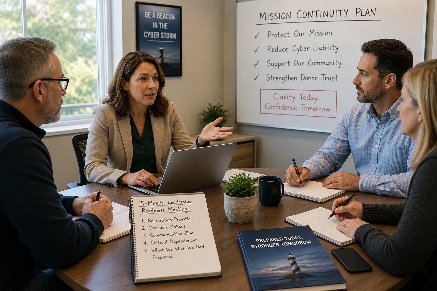 Nonprofit leaders meeting to discuss mission continuity and cyber preparedness