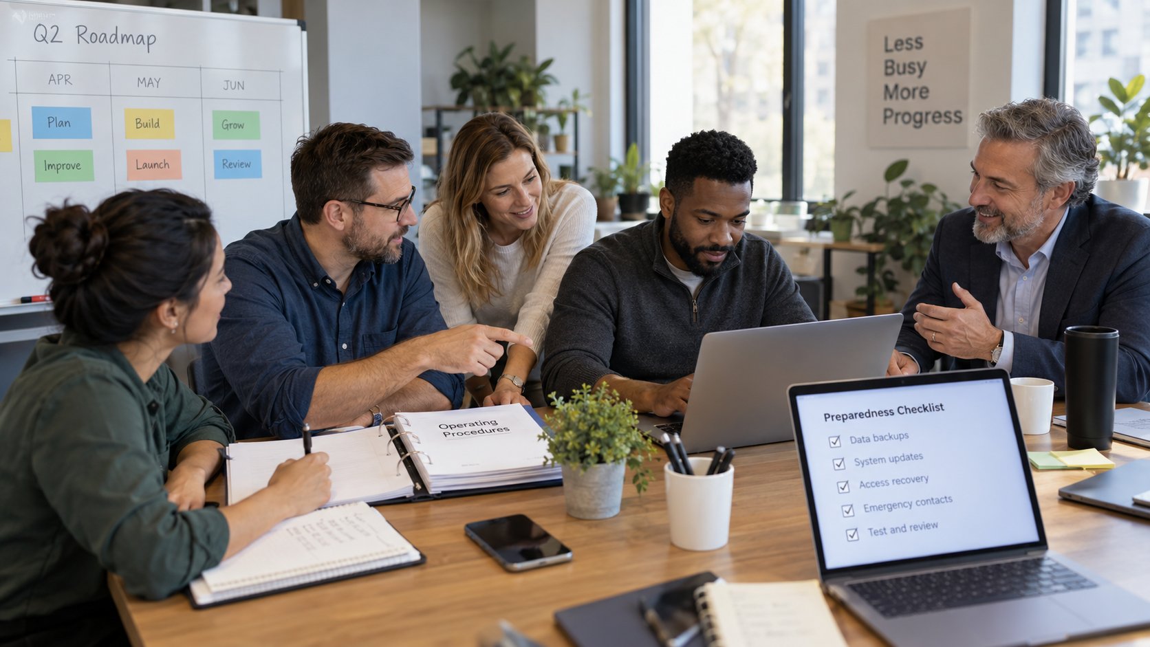 Accounting team planning around a table with a preparedness checklist