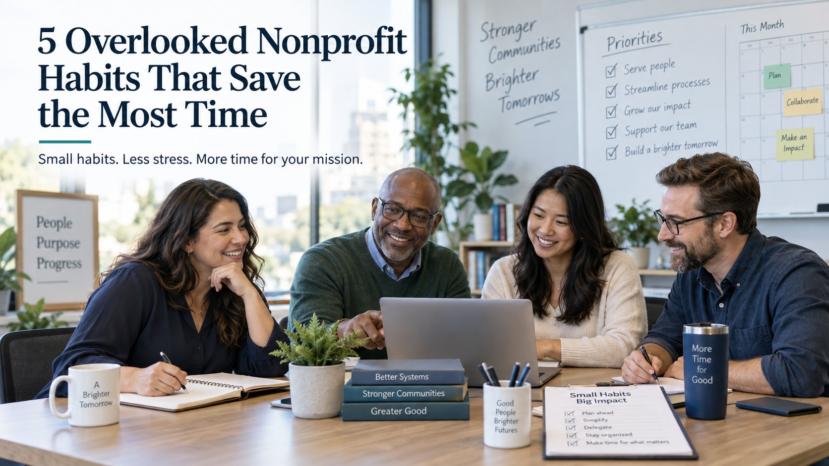Nonprofit team collaborating around a laptop with planning notes
