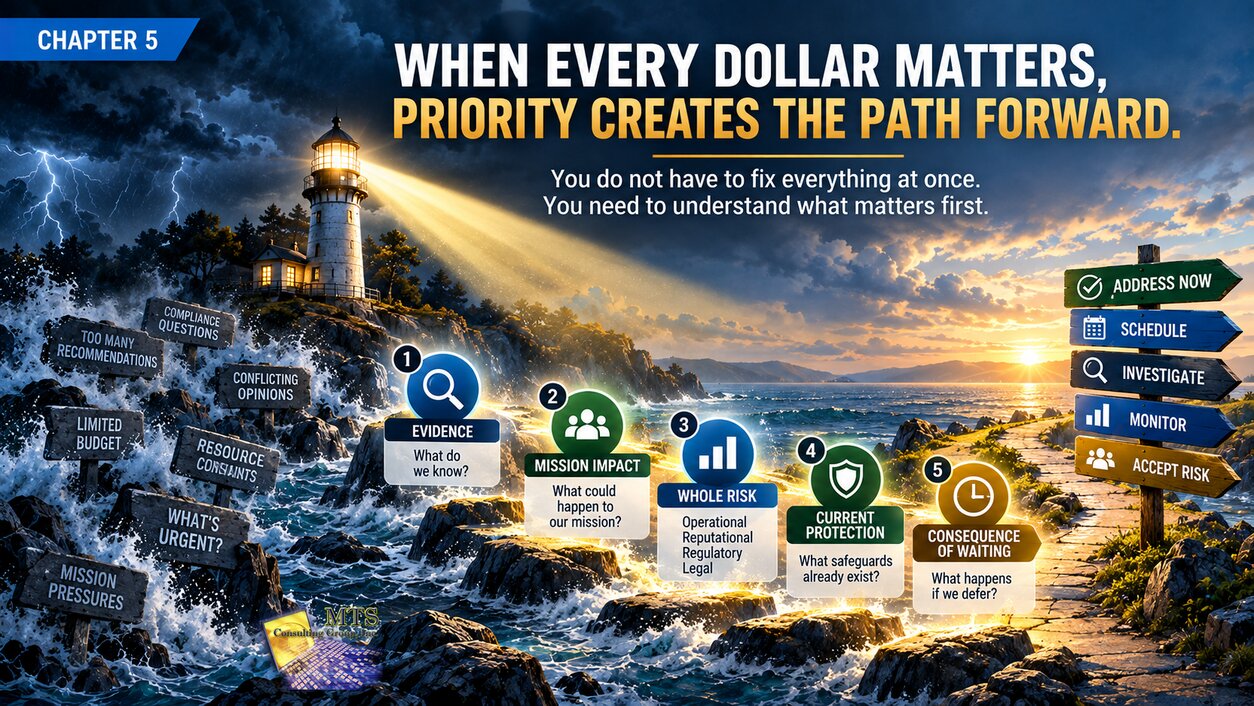 Lighthouse guiding a nonprofit through several cyber risk paths, using evidence, mission impact, whole risk, existing protections, and consequences of waiting to determine what should be addressed first.