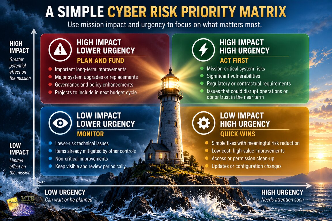 Four-quadrant nonprofit cyber risk priority matrix comparing impact and urgency to identify immediate priorities, planned improvements, quick wins, and items to monitor.