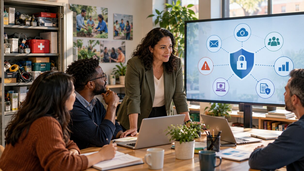 Nonprofit leader reviewing coordinated cybersecurity protections and cyber liability risks