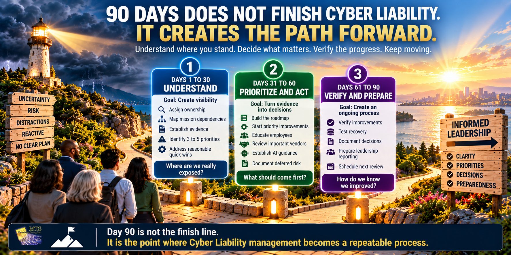 90-day nonprofit Cyber Liability roadmap showing three phases: understand during Days 1 to 30, prioritize and act during Days 31 to 60, and verify and prepare during Days 61 to 90, leading toward informed leadership.