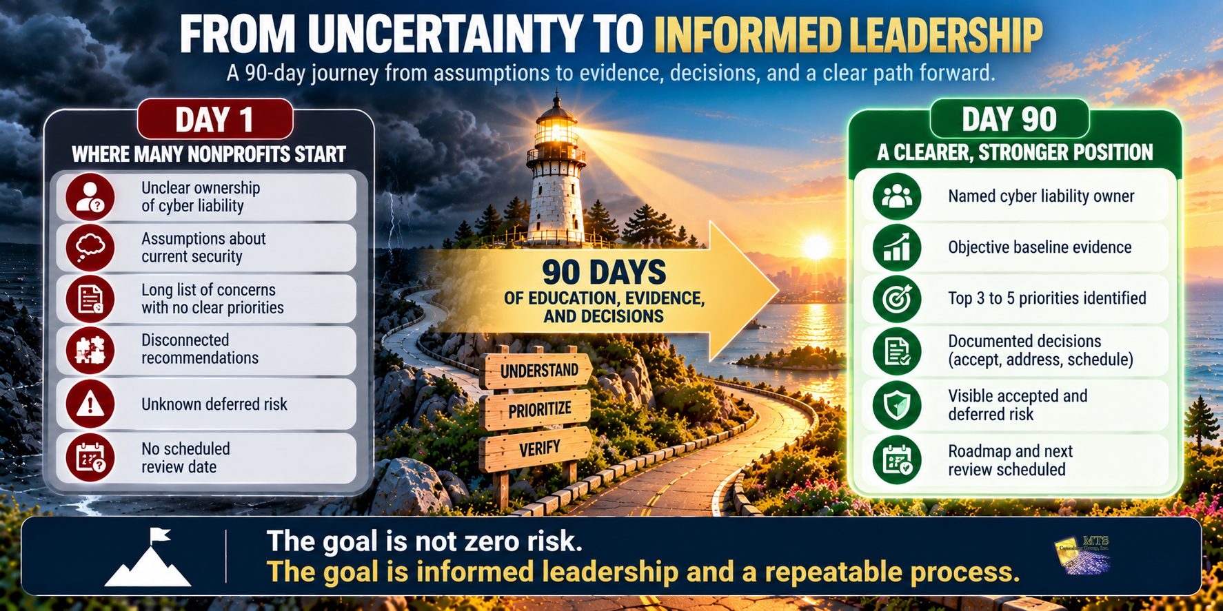 Before-and-after comparison showing a nonprofit moving from unclear ownership and assumptions on Day 1 to documented priorities, decisions, accepted risks, and ongoing review by Day 90.