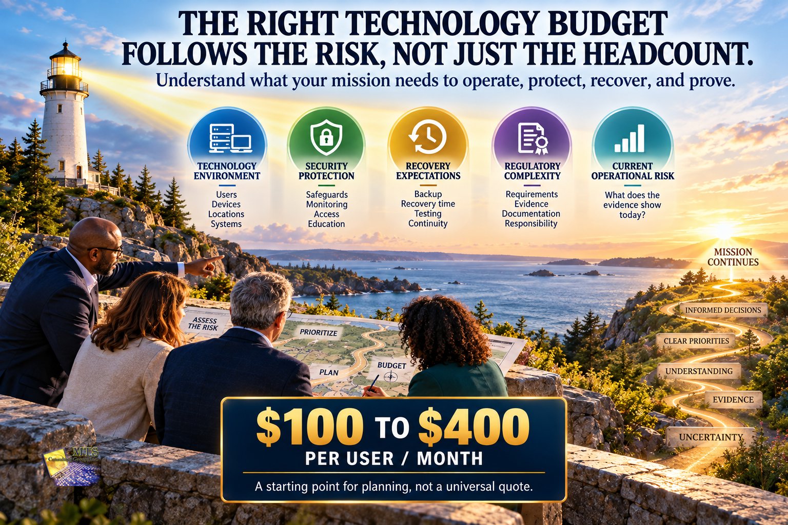 The right technology budget follows the risk, not just the headcount, showing five budget drivers above the $100 to $400 per user per month nonprofit planning range.