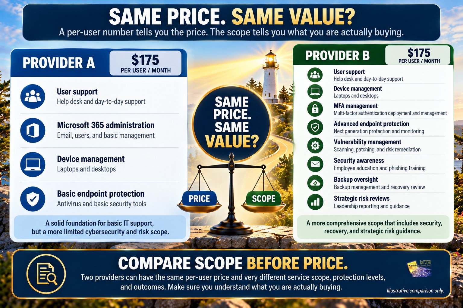 Two provider proposals at the same $175 per user per month compared side by side, showing basic IT support scope against a broader security, recovery, and strategic risk scope.
