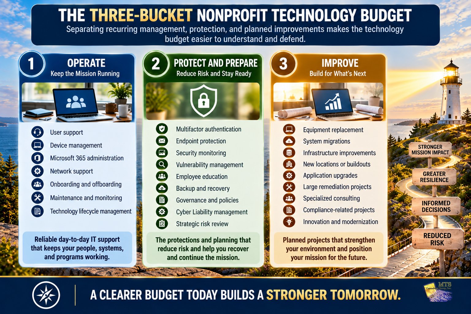 The three-bucket nonprofit technology budget dividing spending into operate, protect and prepare, and improve.