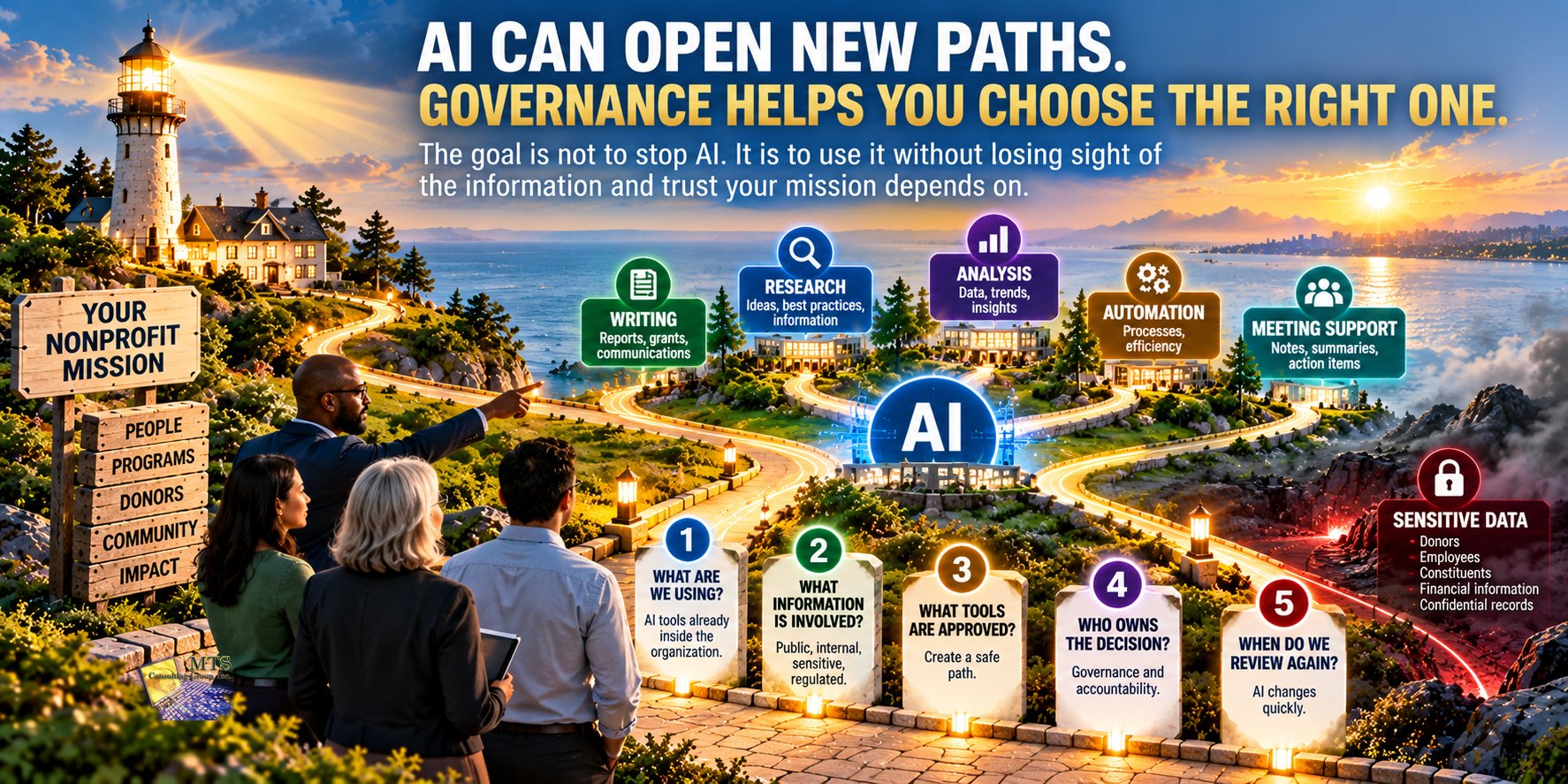 Nonprofit AI governance roadmap showing five questions about current AI use, information sensitivity, approved tools, accountability, and ongoing review, with a lighthouse guiding clear paths away from sensitive-data risk.