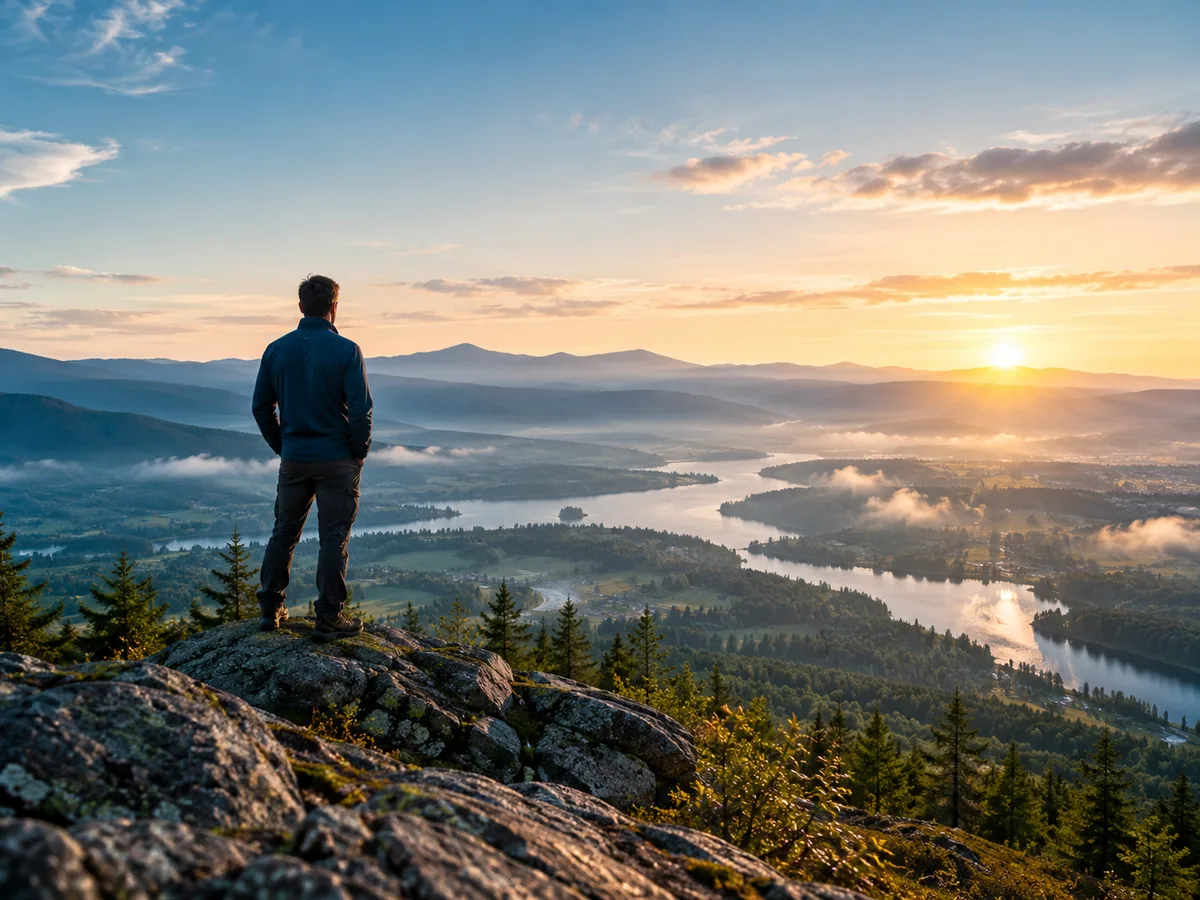 Person looking out over a valley at sunrise, seeing the bigger picture